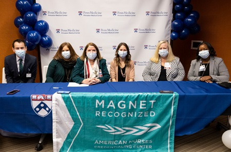 Magnet® redesignation 2022. Left to right, Craig Gronczewski, MD, chief medical officer; Karyn A. Book, MSN, RN, associate chief nursing officer; Sheila G. Kempf, RN, PhD, chief nursing officer; Allison Benziger, MSN, RN-BC, Magnet<sup>®</sup> program director; Kari A. Mastro, PhD, RN, director of professional practice, innovation, and research; and Reina Fleury, chief human resources officer.